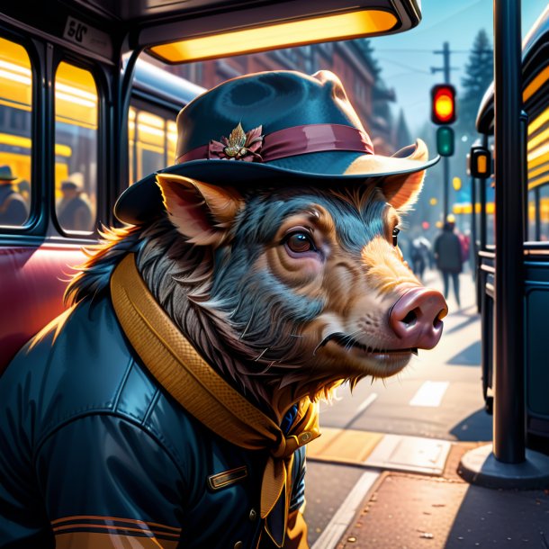 Drawing of a boar in a hat on the bus stop