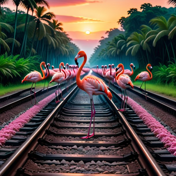 Picture of a swimming of a flamingo on the railway tracks