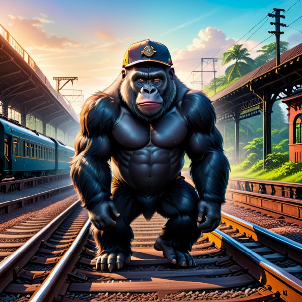Illustration of a gorilla in a cap on the railway tracks