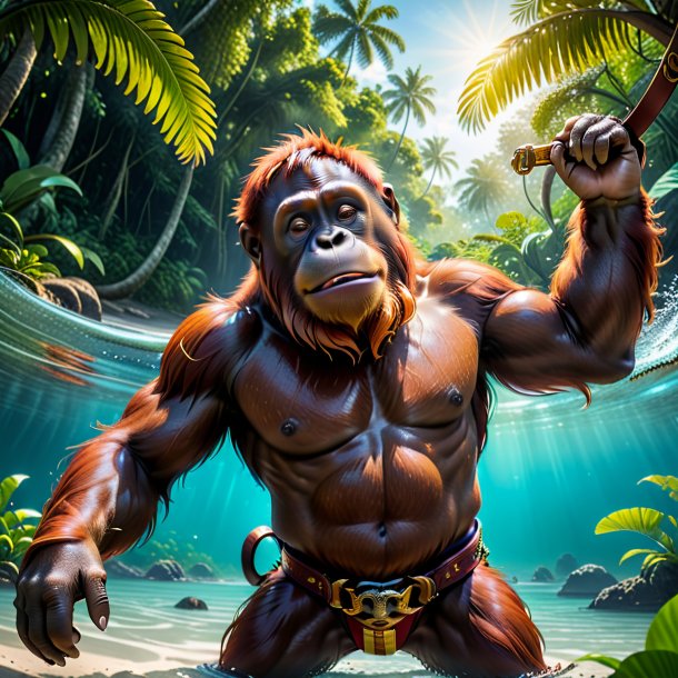 Picture of a orangutan in a belt in the water