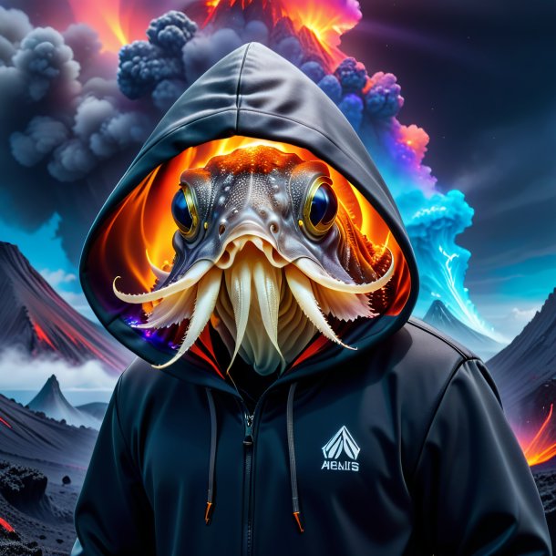Picture of a cuttlefish in a hoodie in the volcano