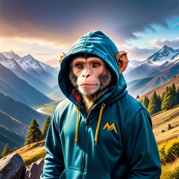 Photo of a monkey in a hoodie in the mountains