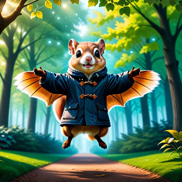 Illustration of a flying squirrel in a coat in the park