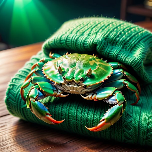 Picture of a crab in a green sweater