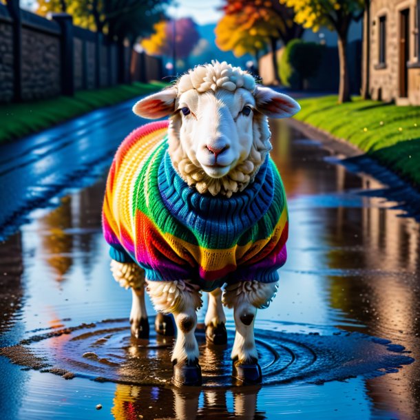 Picture of a sheep in a sweater in the puddle
