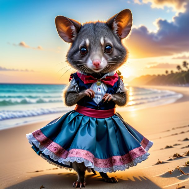 Pic d'un opossum dans une jupe sur la plage