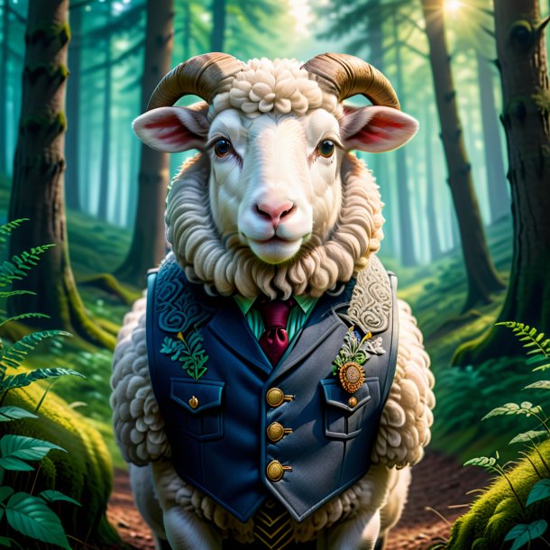 Illustration d'un mouton dans un gilet dans la forêt