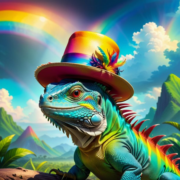 Illustration of a iguana in a hat on the rainbow