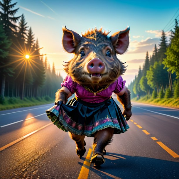 Image of a boar in a skirt on the road