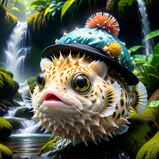 Picture of a pufferfish in a hat in the waterfall