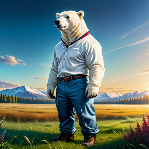 Drawing of a polar bear in a trousers on the field