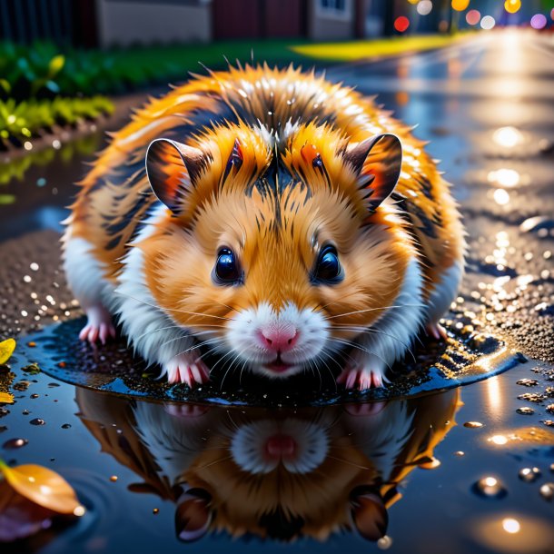 Picture of a sleeping of a hamster in the puddle