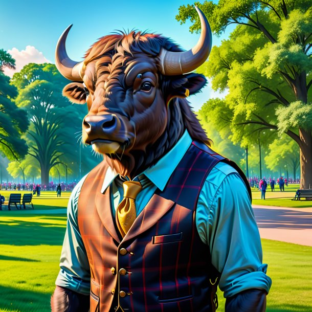 Image of a buffalo in a vest in the park