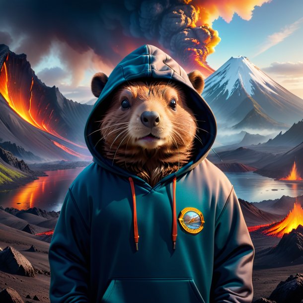 Image of a beaver in a hoodie in the volcano