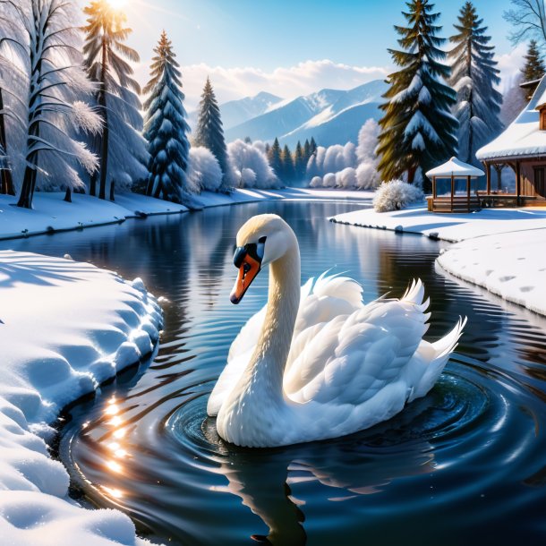 Pic of a swimming of a swan in the snow
