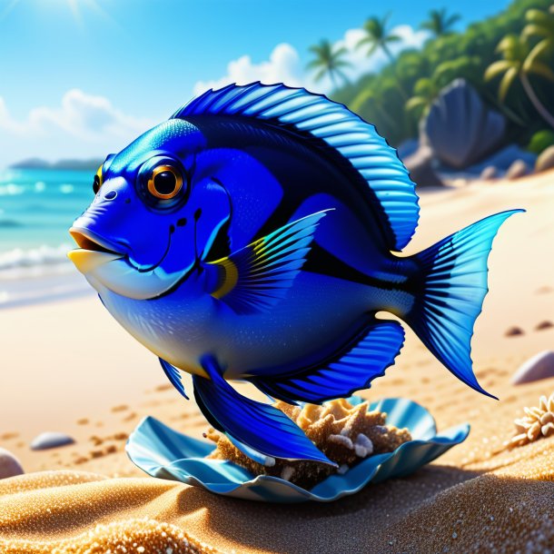 Illustration of a blue tang in a gloves on the beach