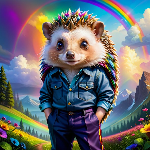 Drawing of a hedgehog in a trousers on the rainbow