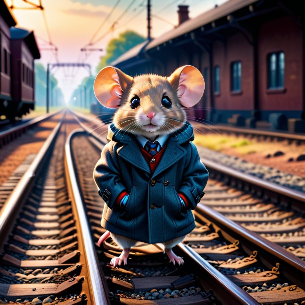 Picture of a mouse in a coat on the railway tracks