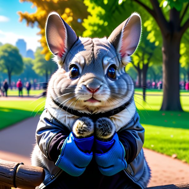 Picture of a chinchillas in a gloves in the park