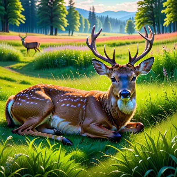 Photo of a sleeping of a deer in the meadow