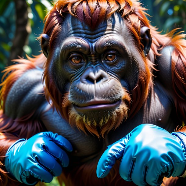 Photo of a orangutan in a blue gloves