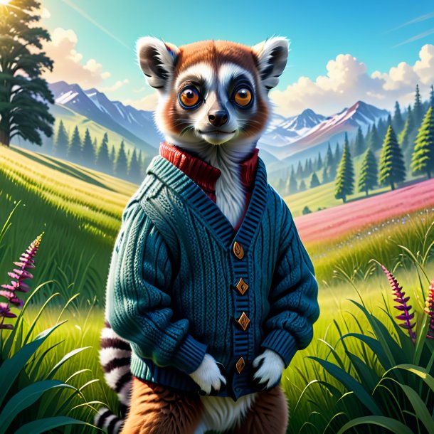 Illustration of a lemur in a sweater in the meadow
