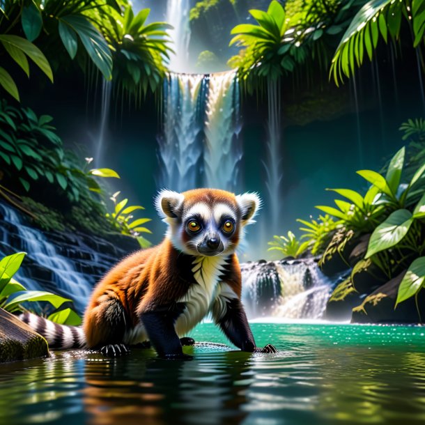 Pic of a swimming of a lemur in the waterfall