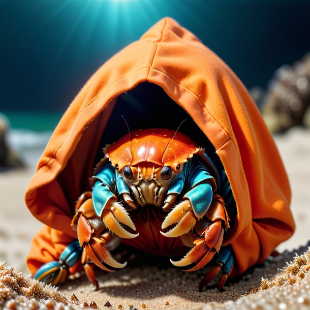 Image of a hermit crab in a orange hoodie