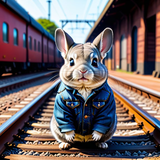 Imagem de uma chinchilas em um jeans nos trilhos ferroviários