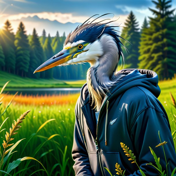 Image of a heron in a hoodie in the meadow