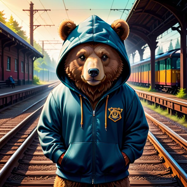 Ilustração de um urso em um hoodie nos trilhos ferroviários