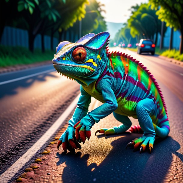 Pic of a chameleon in a gloves on the road