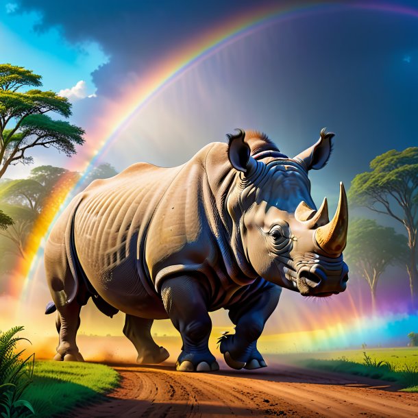 Image of a dancing of a rhinoceros on the rainbow