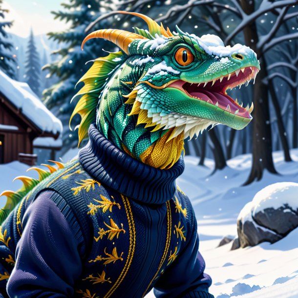 Drawing of a basilisk in a sweater in the snow