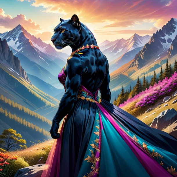 Illustration of a panther in a dress in the mountains