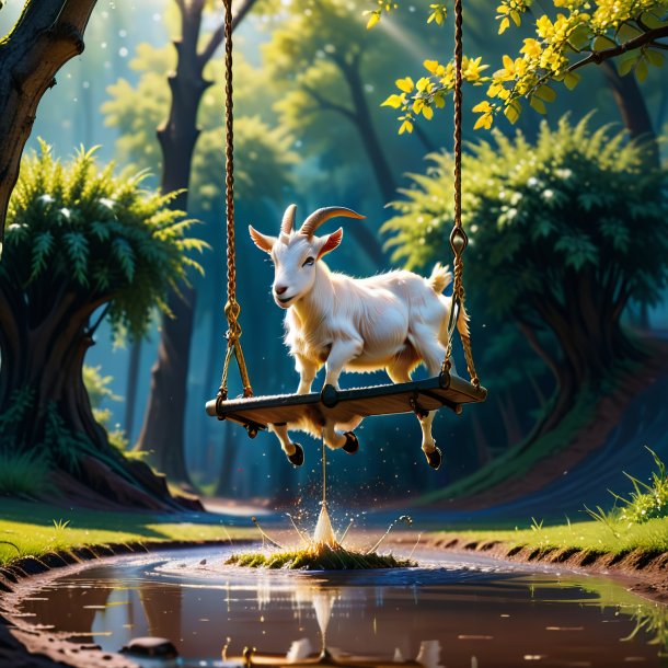 Image of a swinging on a swing of a goat in the puddle