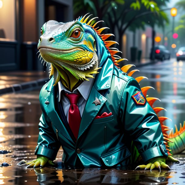 Drawing of a iguana in a jacket in the puddle
