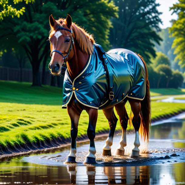 Pic of a horse in a jacket in the puddle