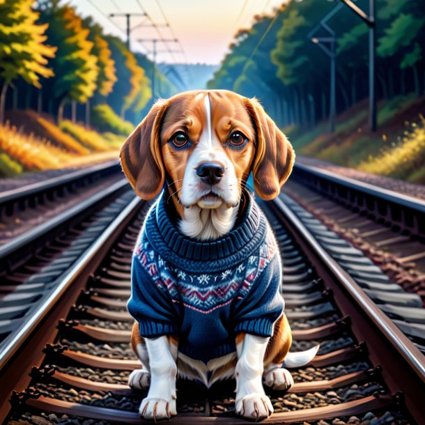 Drawing of a beagle in a sweater on the railway tracks