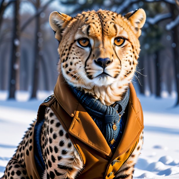 Image of a cheetah in a vest in the snow
