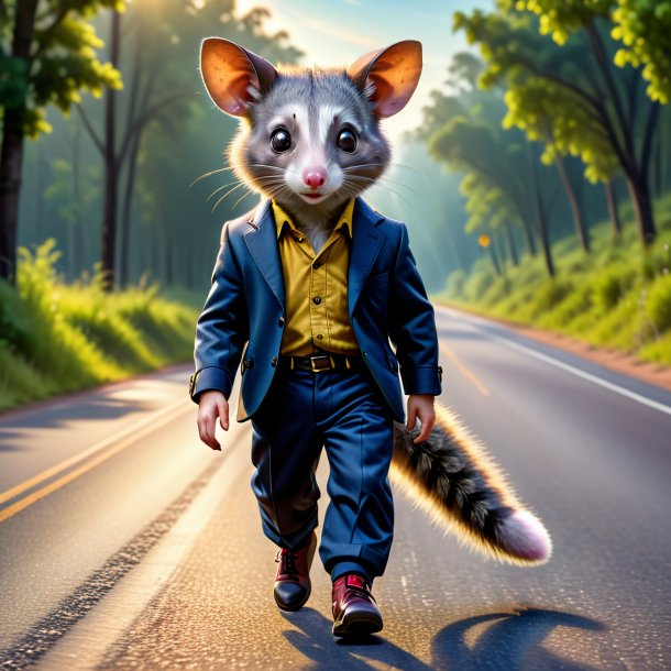 Image of a possum in a trousers on the road