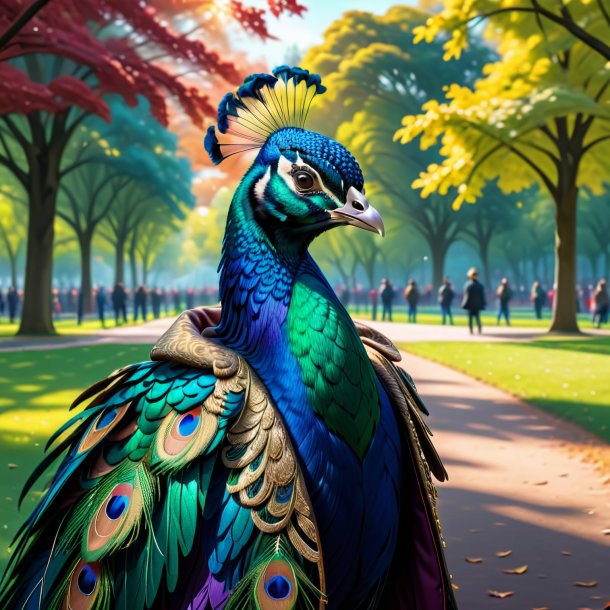 Drawing of a peacock in a coat in the park