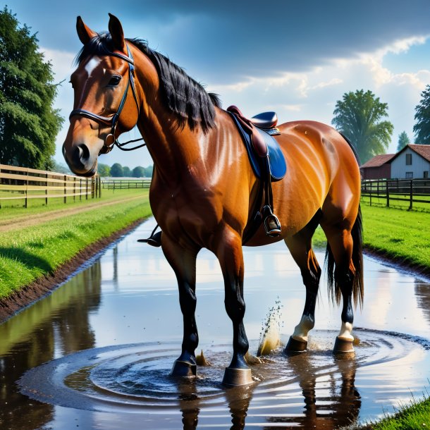 Photo of a horse in a trousers in the puddle