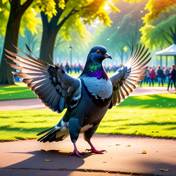 Photo of a dancing of a pigeon in the park