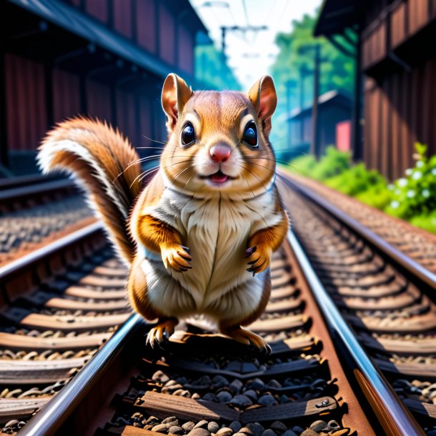 Imagem de um esquilo voador em um cinto nos trilhos ferroviários