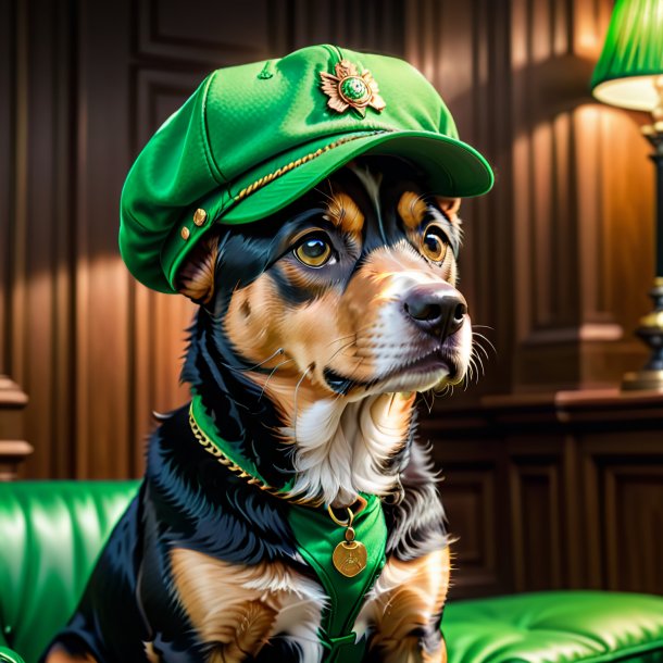 Picture of a dog in a green cap