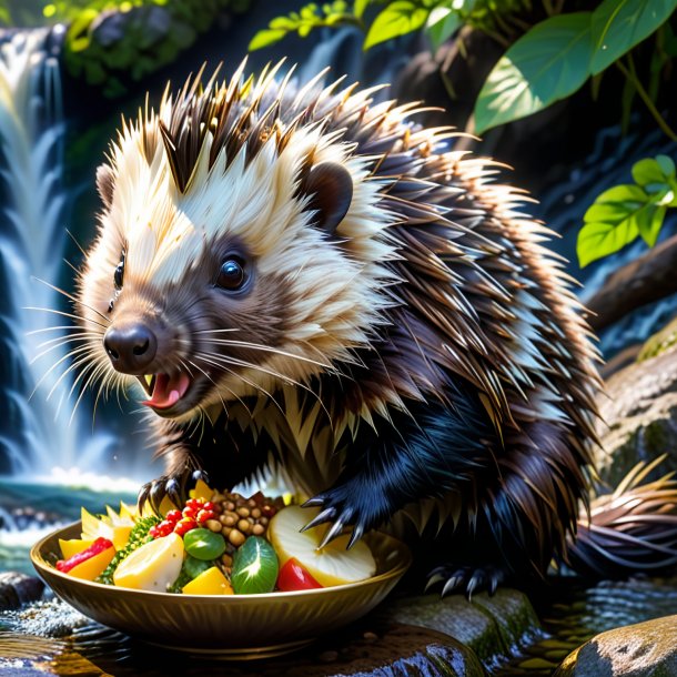 Image of a eating of a porcupine in the waterfall