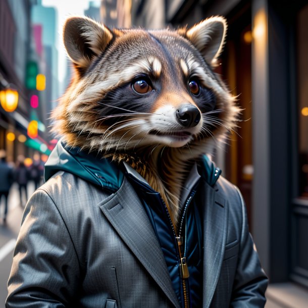 Photo of a raccoon in a gray jacket