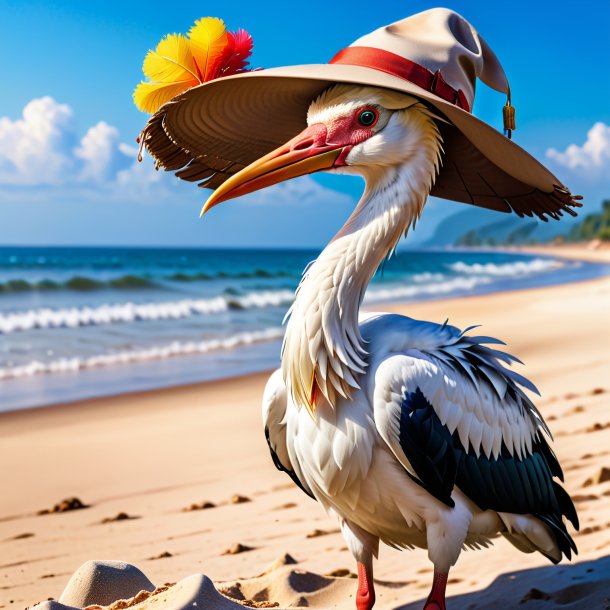 Photo of a stork in a hat on the beach