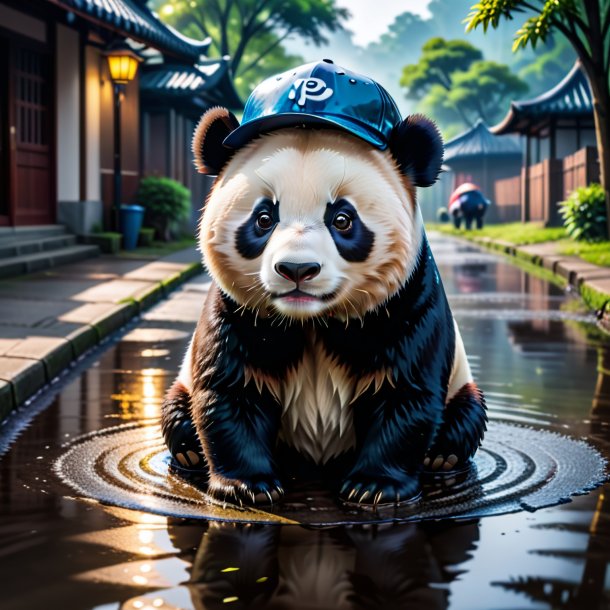 Picture of a giant panda in a cap in the puddle